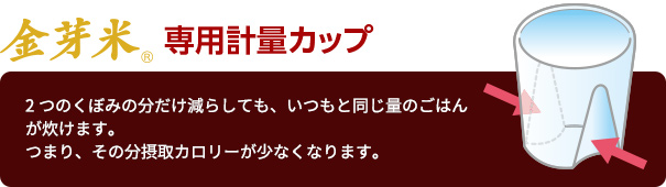 金芽米専用計量カップ - 2つのくぼみの分だけ減らしても、いつもと同じ量のごはんが炊けます。つまり、その分摂取カロリーが少なくなります。